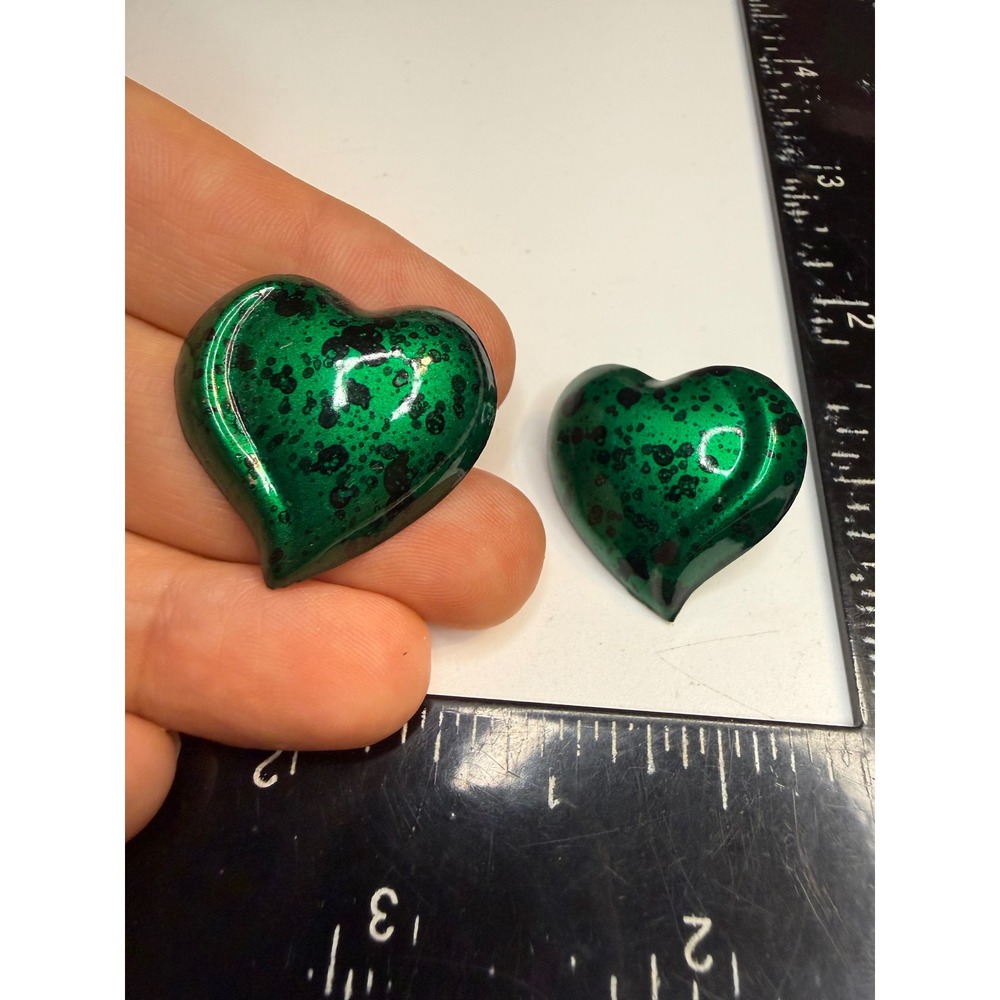 Green Enamel Heart Stud Earrings Black Splatter Pattern Glossy Metal Posts